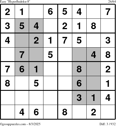 The grouppuzzles.com Easy HyperSudoku-8 puzzle for Sunday August 3, 2025