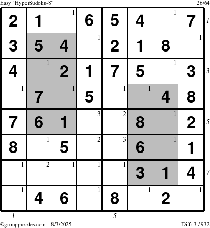 The grouppuzzles.com Easy HyperSudoku-8 puzzle for Sunday August 3, 2025 with all 3 steps marked