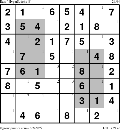 The grouppuzzles.com Easy HyperSudoku-8 puzzle for Sunday August 3, 2025 with the first 3 steps marked
