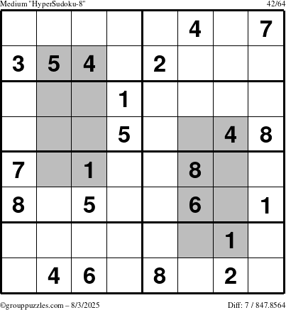 The grouppuzzles.com Medium HyperSudoku-8 puzzle for Sunday August 3, 2025
