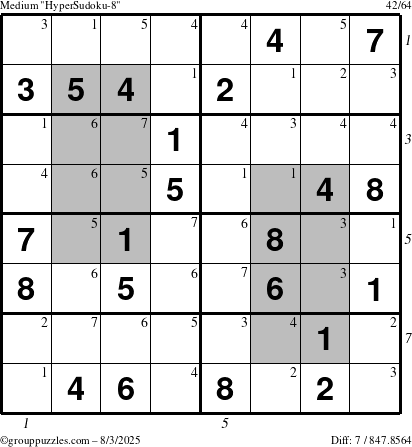 The grouppuzzles.com Medium HyperSudoku-8 puzzle for Sunday August 3, 2025 with all 7 steps marked