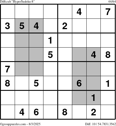 The grouppuzzles.com Difficult HyperSudoku-8 puzzle for Sunday August 3, 2025