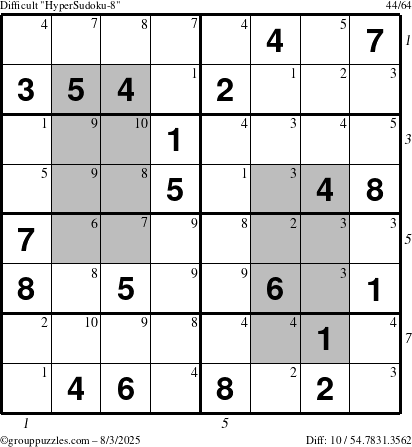 The grouppuzzles.com Difficult HyperSudoku-8 puzzle for Sunday August 3, 2025 with all 10 steps marked