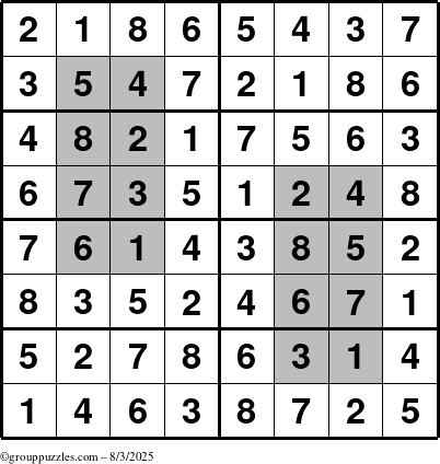 The grouppuzzles.com Answer grid for the HyperSudoku-8 puzzle for Sunday August 3, 2025