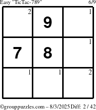 The grouppuzzles.com Easy TicTac-789 puzzle for Sunday August 3, 2025 with the first 2 steps marked