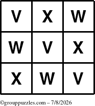The grouppuzzles.com Answer grid for the TicTac-VWX puzzle for Wednesday July 8, 2026