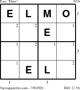 The grouppuzzles.com Easy Elmo puzzle for Wednesday July 8, 2026, suitable for printing, with all 2 steps marked