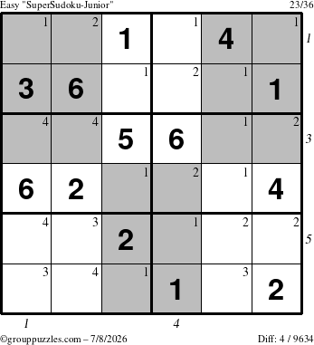 The grouppuzzles.com Easy SuperSudoku-Junior puzzle for Wednesday July 8, 2026, suitable for printing, with all 4 steps marked
