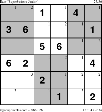The grouppuzzles.com Easy SuperSudoku-Junior puzzle for Wednesday July 8, 2026 with the first 3 steps marked