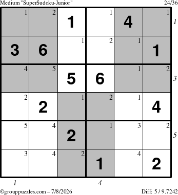 The grouppuzzles.com Medium SuperSudoku-Junior puzzle for Wednesday July 8, 2026 with all 5 steps marked