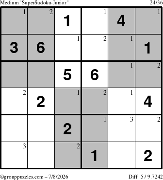 The grouppuzzles.com Medium SuperSudoku-Junior puzzle for Wednesday July 8, 2026 with the first 3 steps marked