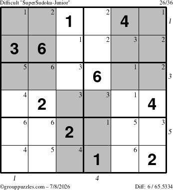 The grouppuzzles.com Difficult SuperSudoku-Junior puzzle for Wednesday July 8, 2026 with all 6 steps marked