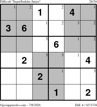 The grouppuzzles.com Difficult SuperSudoku-Junior puzzle for Wednesday July 8, 2026 with the first 3 steps marked