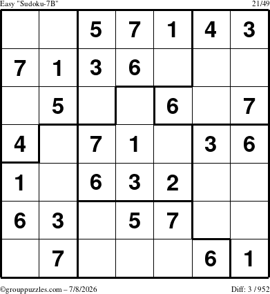 The grouppuzzles.com Easy Sudoku-7B puzzle for Wednesday July 8, 2026