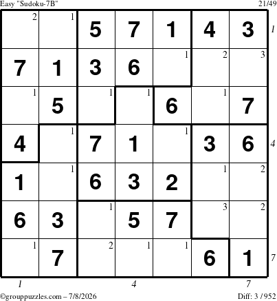 The grouppuzzles.com Easy Sudoku-7B puzzle for Wednesday July 8, 2026 with all 3 steps marked