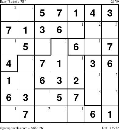 The grouppuzzles.com Easy Sudoku-7B puzzle for Wednesday July 8, 2026 with the first 3 steps marked