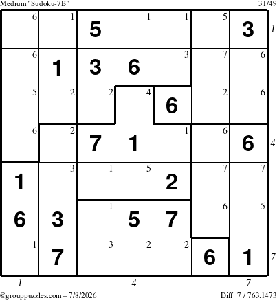 The grouppuzzles.com Medium Sudoku-7B puzzle for Wednesday July 8, 2026 with all 7 steps marked