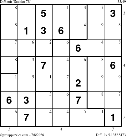 The grouppuzzles.com Difficult Sudoku-7B puzzle for Wednesday July 8, 2026, suitable for printing, with all 9 steps marked