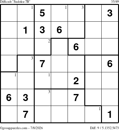 The grouppuzzles.com Difficult Sudoku-7B puzzle for Wednesday July 8, 2026 with the first 3 steps marked