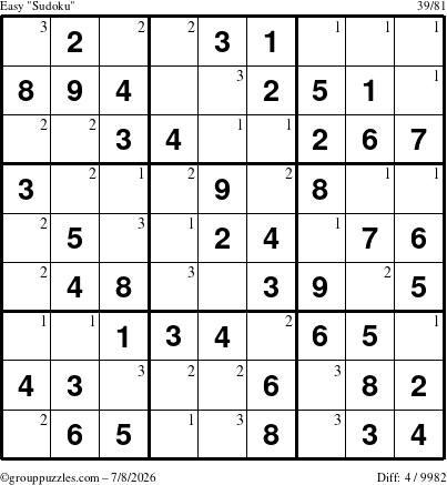 The grouppuzzles.com Easy Sudoku puzzle for Wednesday July 8, 2026 with the first 3 steps marked