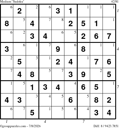 The grouppuzzles.com Medium Sudoku puzzle for Wednesday July 8, 2026, suitable for printing, with all 8 steps marked