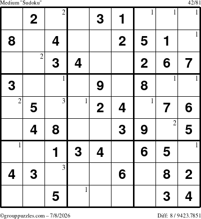 The grouppuzzles.com Medium Sudoku puzzle for Wednesday July 8, 2026 with the first 3 steps marked