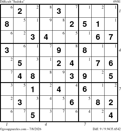 The grouppuzzles.com Difficult Sudoku puzzle for Wednesday July 8, 2026 with all 9 steps marked