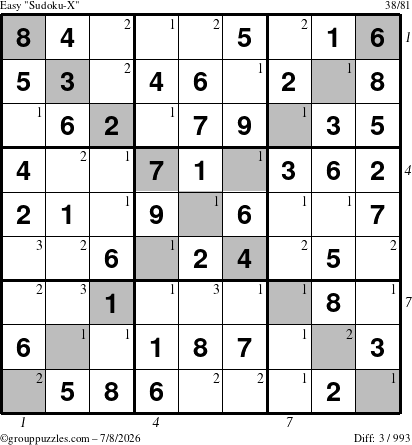 The grouppuzzles.com Easy Sudoku-X puzzle for Wednesday July 8, 2026 with all 3 steps marked
