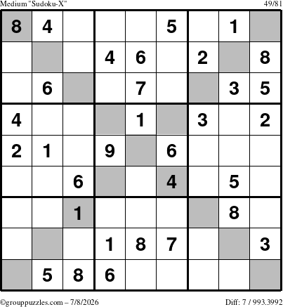 The grouppuzzles.com Medium Sudoku-X puzzle for Wednesday July 8, 2026