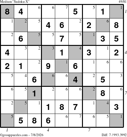 The grouppuzzles.com Medium Sudoku-X puzzle for Wednesday July 8, 2026, suitable for printing, with all 7 steps marked