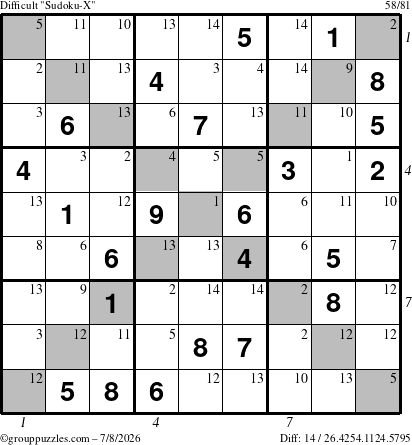 The grouppuzzles.com Difficult Sudoku-X puzzle for Wednesday July 8, 2026, suitable for printing, with all 14 steps marked