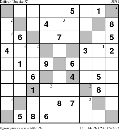 The grouppuzzles.com Difficult Sudoku-X puzzle for Wednesday July 8, 2026 with the first 3 steps marked