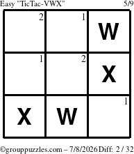 The grouppuzzles.com Easy TicTac-VWX puzzle for Wednesday July 8, 2026 with the first 2 steps marked