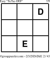 The grouppuzzles.com Easy TicTac-DEF puzzle for Tuesday February 3, 2026