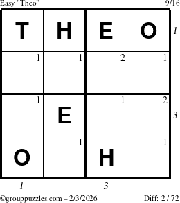 The grouppuzzles.com Easy Theo puzzle for Tuesday February 3, 2026 with all 2 steps marked