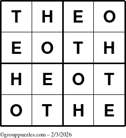 The grouppuzzles.com Answer grid for the Theo puzzle for Tuesday February 3, 2026