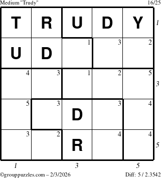 The grouppuzzles.com Medium Trudy puzzle for Tuesday February 3, 2026, suitable for printing, with all 5 steps marked