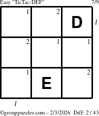 The grouppuzzles.com Easy TicTac-DEF puzzle for Tuesday February 3, 2026, suitable for printing, with all 2 steps marked