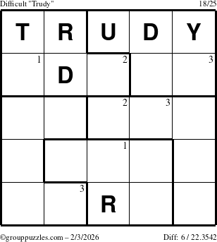 The grouppuzzles.com Difficult Trudy puzzle for Tuesday February 3, 2026 with the first 3 steps marked