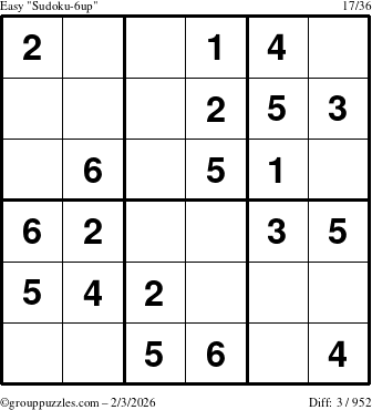 The grouppuzzles.com Easy Sudoku-6up puzzle for Tuesday February 3, 2026