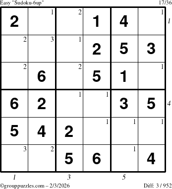 The grouppuzzles.com Easy Sudoku-6up puzzle for Tuesday February 3, 2026, suitable for printing, with all 3 steps marked