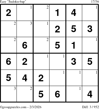 The grouppuzzles.com Easy Sudoku-6up puzzle for Tuesday February 3, 2026 with the first 3 steps marked