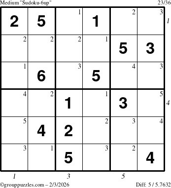The grouppuzzles.com Medium Sudoku-6up puzzle for Tuesday February 3, 2026 with all 5 steps marked