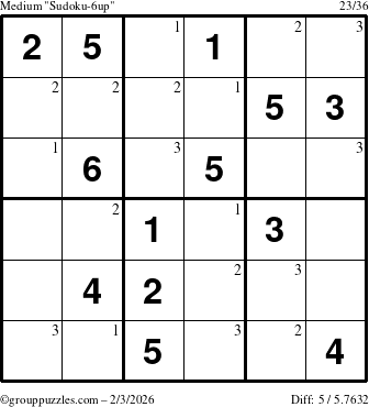 The grouppuzzles.com Medium Sudoku-6up puzzle for Tuesday February 3, 2026 with the first 3 steps marked