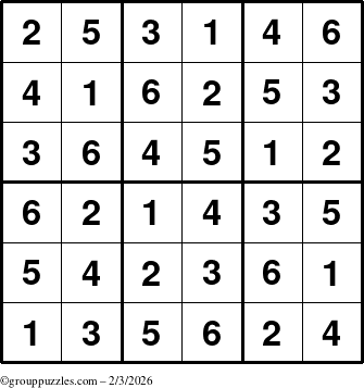 The grouppuzzles.com Answer grid for the Sudoku-6up puzzle for Tuesday February 3, 2026