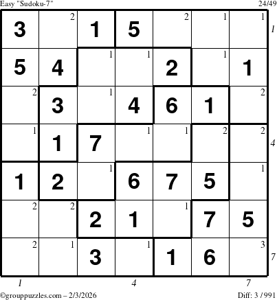 The grouppuzzles.com Easy Sudoku-7 puzzle for Tuesday February 3, 2026, suitable for printing, with all 3 steps marked
