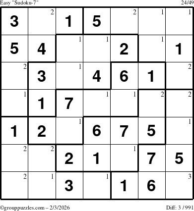 The grouppuzzles.com Easy Sudoku-7 puzzle for Tuesday February 3, 2026 with the first 3 steps marked