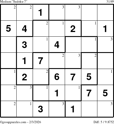 The grouppuzzles.com Medium Sudoku-7 puzzle for Tuesday February 3, 2026 with the first 3 steps marked