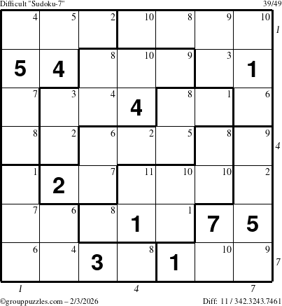 The grouppuzzles.com Difficult Sudoku-7 puzzle for Tuesday February 3, 2026 with all 11 steps marked