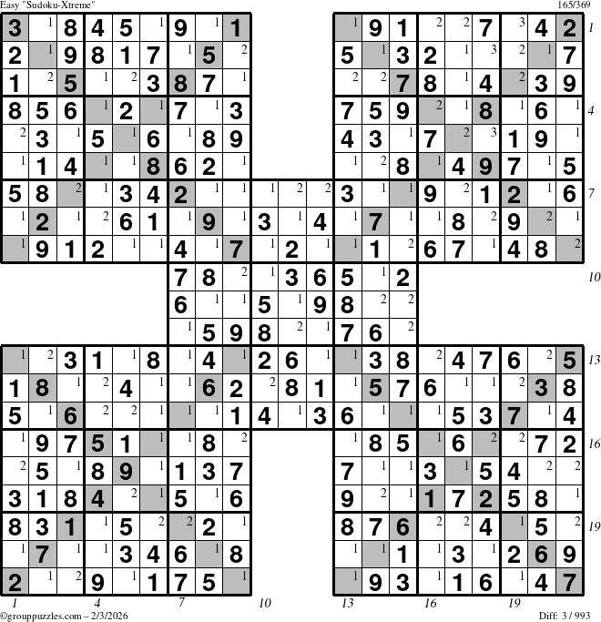 The grouppuzzles.com Easy Sudoku-Xtreme puzzle for Tuesday February 3, 2026, suitable for printing, with all 3 steps marked